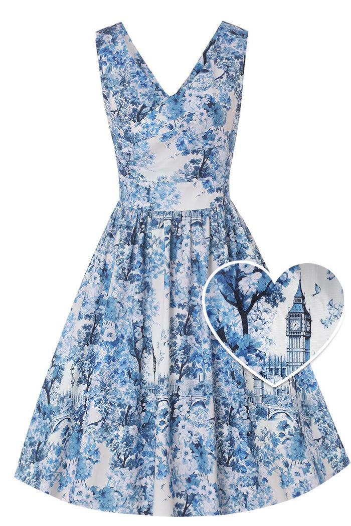 dolly & dotty May White Crossover Bust Dress In Big Ben Print