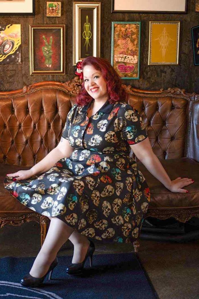 Dolly & Dotty Penelope Rockabilly Black Skull Shirt Dress