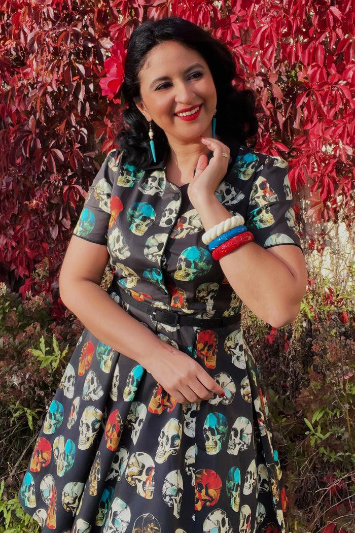 Dolly & Dotty Penelope Rockabilly Black Skull Shirt Dress