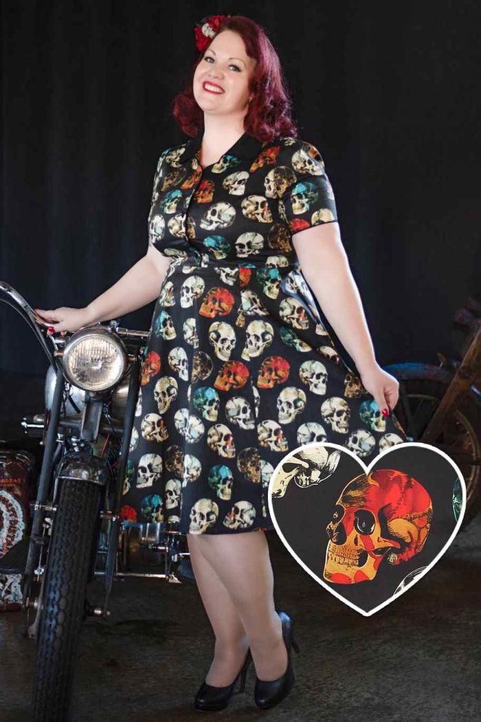 dolly & dotty Penelope Rockabilly Black Skull Shirt Dress