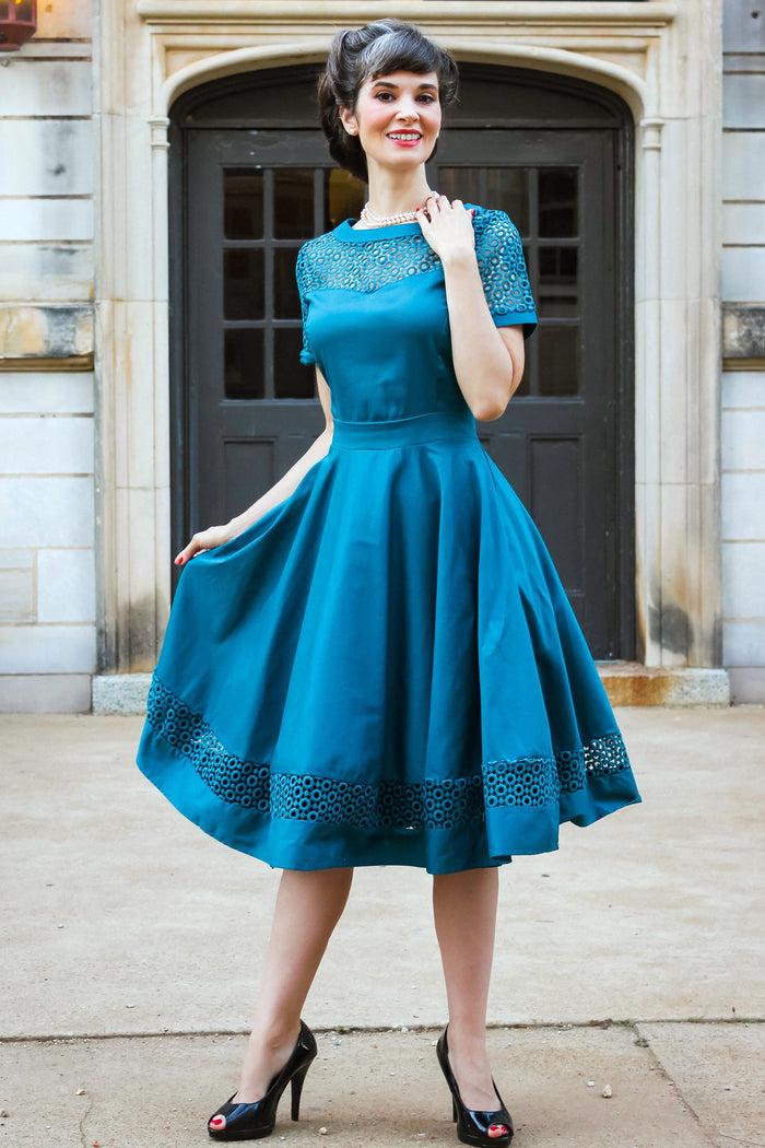 Dolly & Dotty Tess Lace Sleeved Dress In Peacock Blue