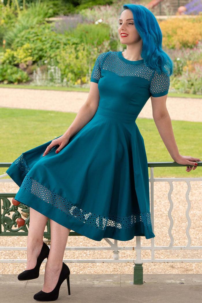 Dolly & Dotty Tess Lace Sleeved Dress In Peacock Blue