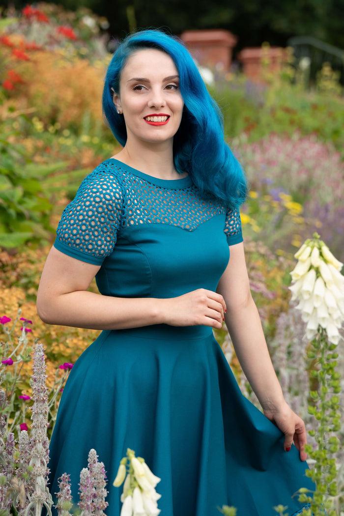 Dolly & Dotty Tess Lace Sleeved Dress In Peacock Blue