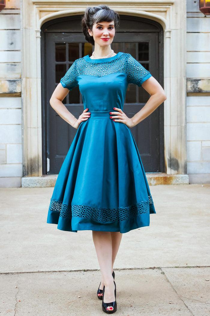 dolly & dotty Tess Lace Sleeved Dress in Peacock Blue