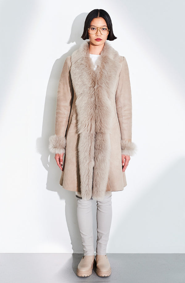 dom goor london Classic 3/4 Length Shearling Coat Sandstone