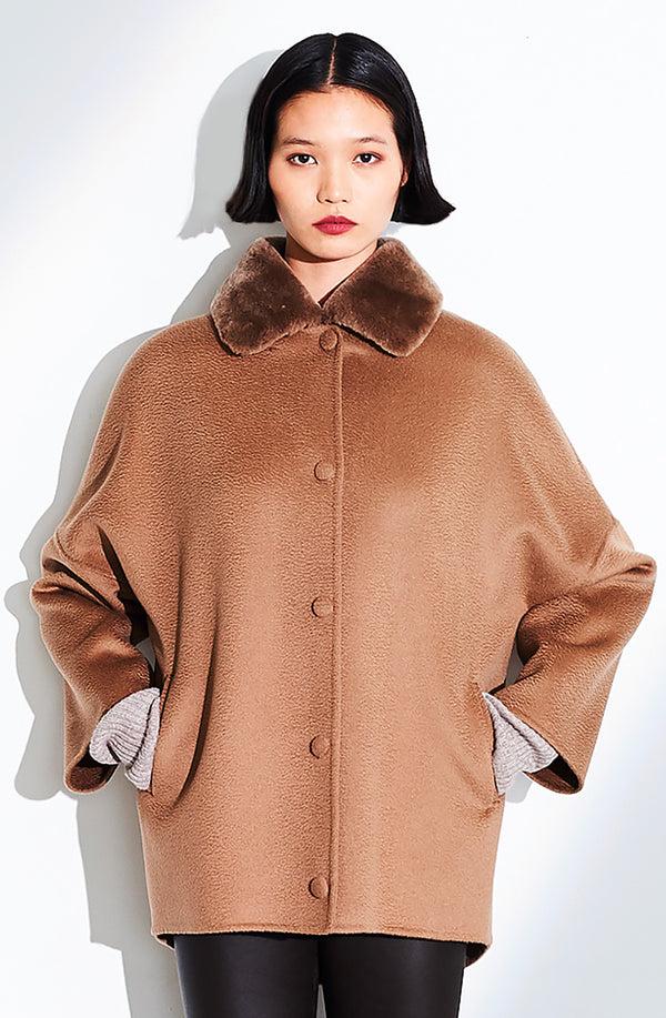 Dom Goor London Covered Button Short Coat Shearling Collar. Size: 10 Only Amber