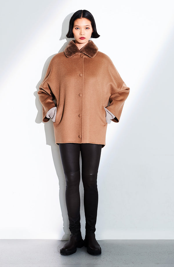 dom goor london Covered Button Short Coat Shearling Collar. Size: 10 Only Amber