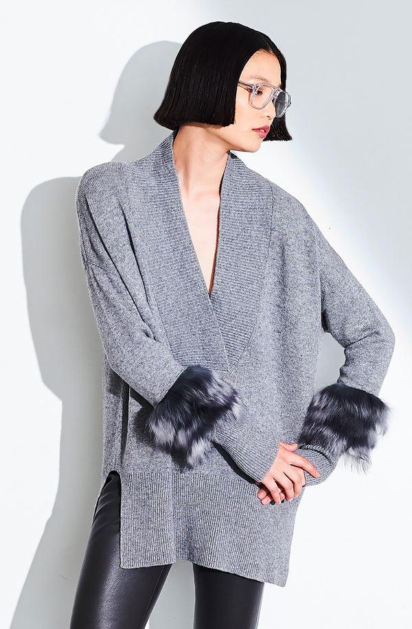 Dom Goor London V Neck Fur Trim Tunic Silver