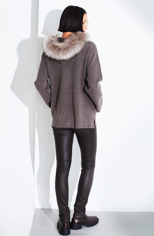 Dom Goor London Hooded Knit Short Parka Fur Trim Brown Knit