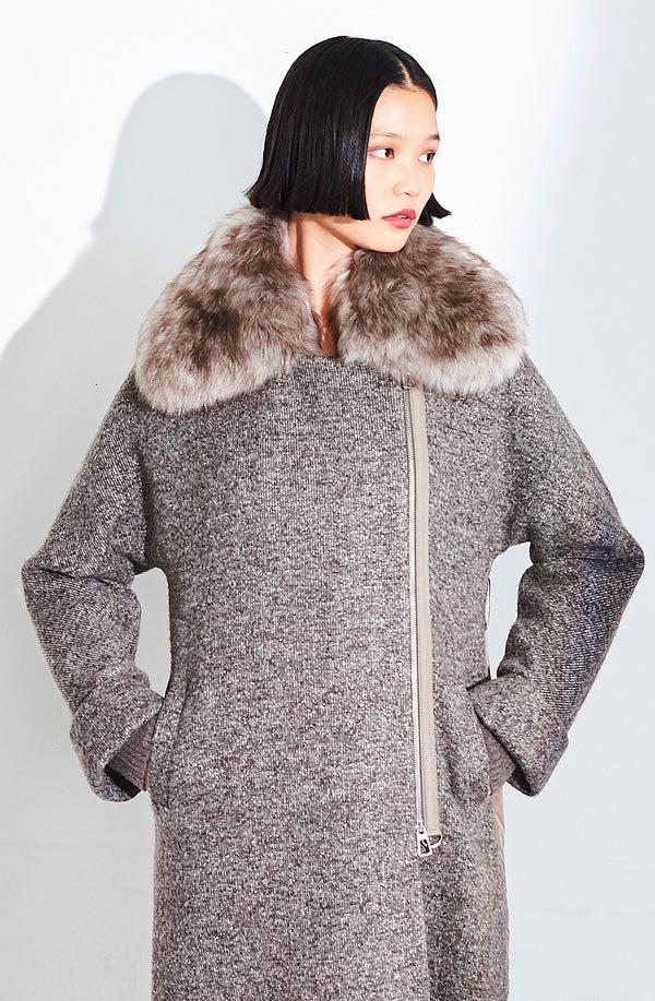Dom Goor London Knitted Wool Blend Coat With Shearling Collar Flint