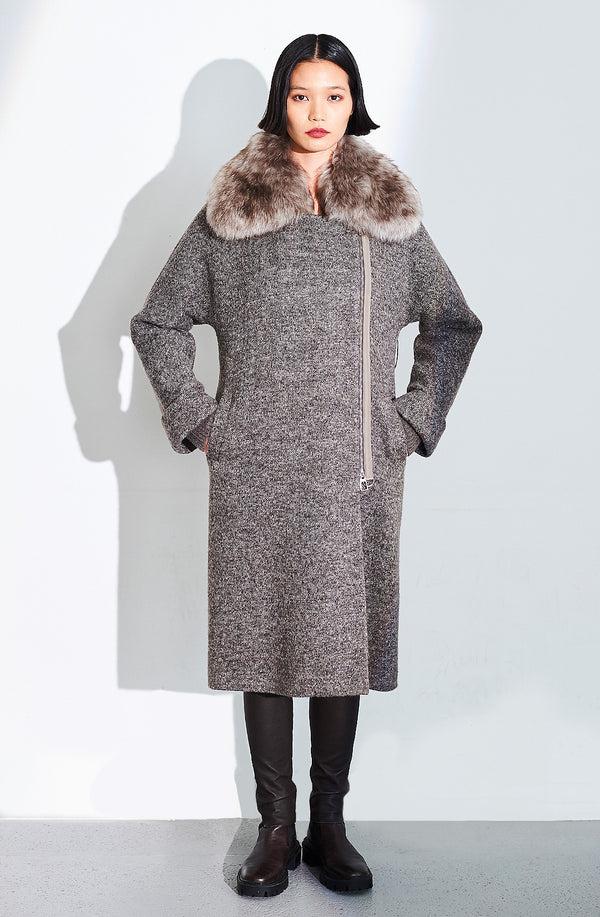 dom goor london Knitted Wool Blend Coat With Shearling Collar Flint