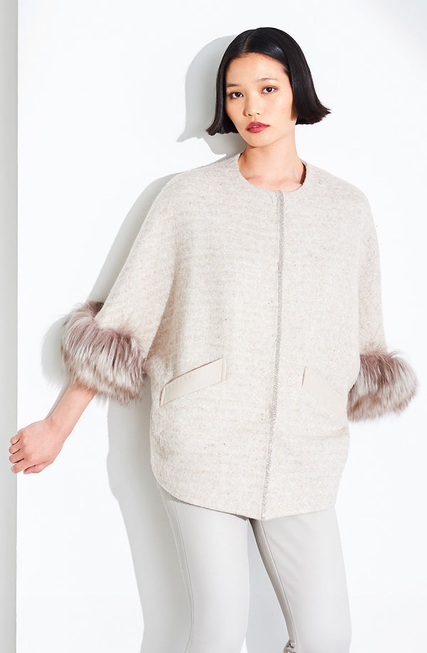 dom goor london Knitted Wool Blend Jacket With Shearling Cuff. Size: 10 Only