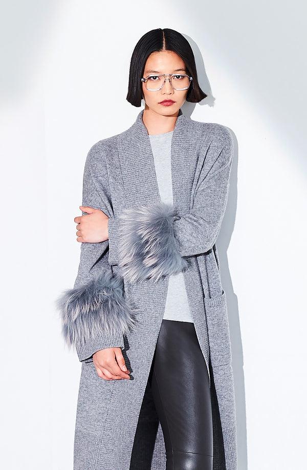 Dom Goor London Long Fur Trim Cardigan Size: 10 Only Silver