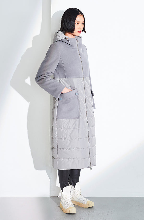 Dom Goor London Long Wool/Cashmere Coat With Quilted Detachable Hood. Size: 10 Only Grey