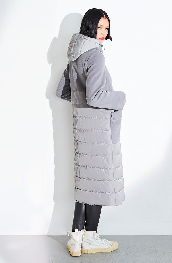 Dom Goor London Long Wool/Cashmere Coat With Quilted Detachable Hood. Size: 10 Only Grey