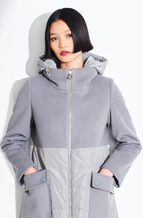Dom Goor London Long Wool/Cashmere Coat With Quilted Detachable Hood. Size: 10 Only Grey
