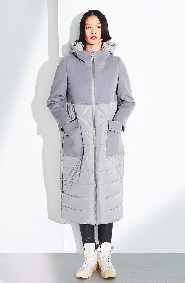 dom goor london Long Wool/Cashmere Coat With Quilted Detachable Hood. Size: 10 Only Grey