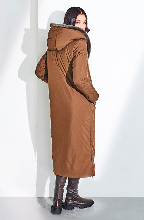 Dom Goor London Quilted Textile Button Long Coat Shearling Lined Hood. Size: 10 Only