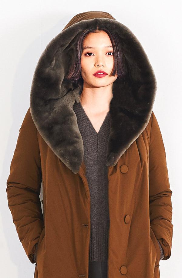 Dom Goor London Quilted Textile Button Long Coat Shearling Lined Hood. Size: 10 Only