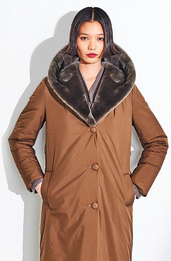 Dom Goor London Quilted Textile Button Long Coat Shearling Lined Hood. Size: 10 Only