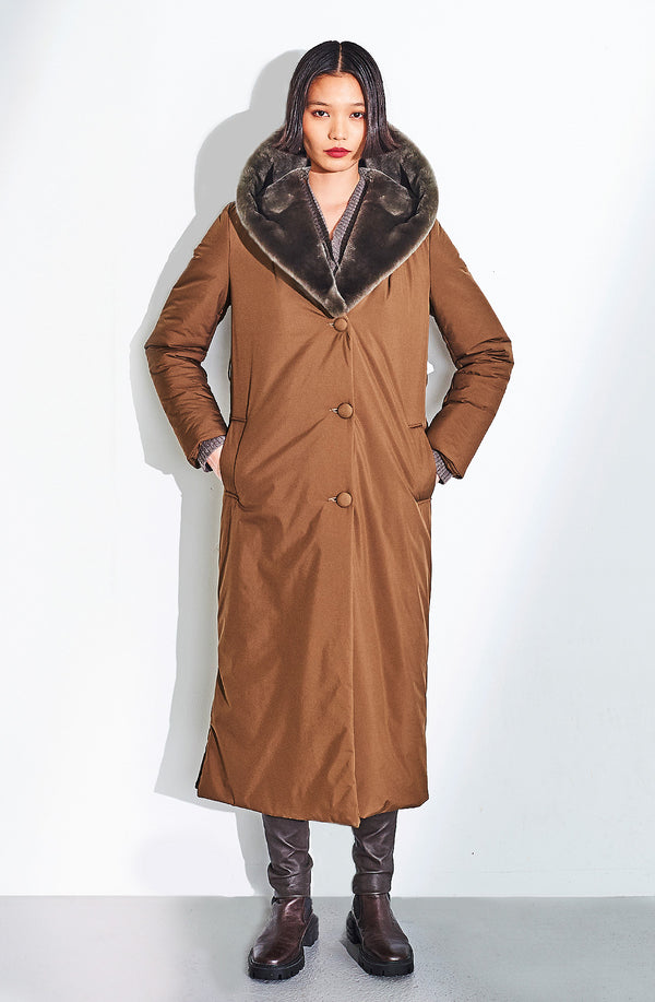 dom goor london Quilted Textile Button Long Coat Shearling Lined Hood. Size: 10 Only