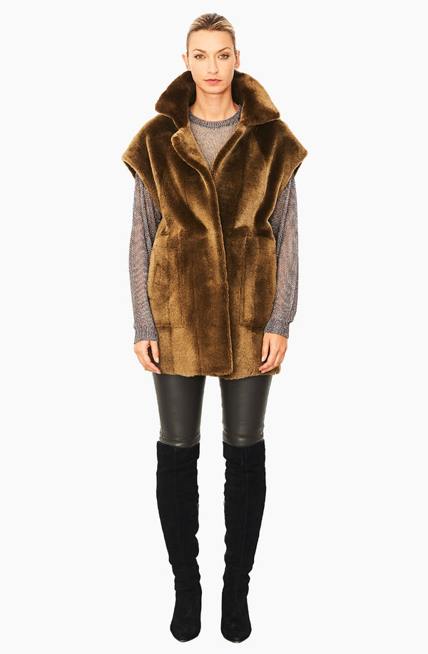 dom goor london Reversible Cap Sleeve Cocoon Gilet khaki Brown