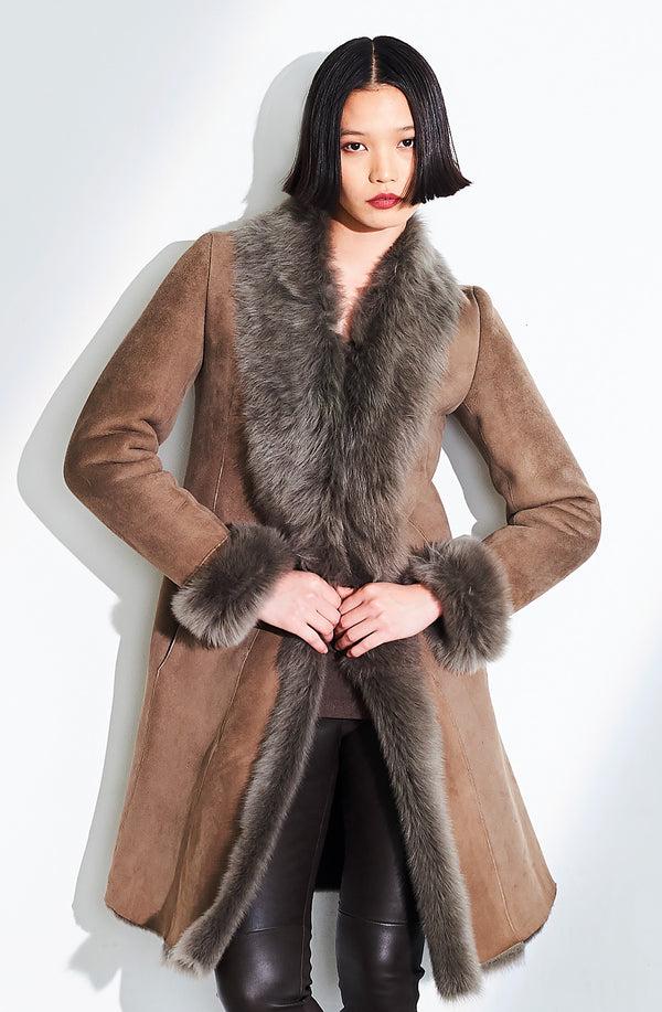 Dom Goor London Three-Quarter Length Shearling Coat Flint