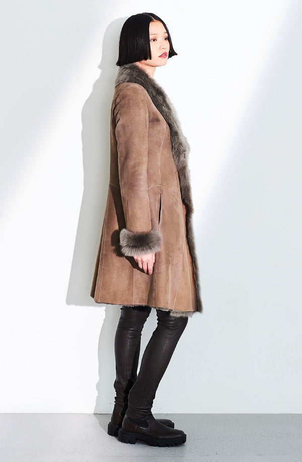 Dom Goor London Three-Quarter Length Shearling Coat Flint