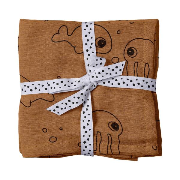 done by deer Burp cloth 2-pack - Sea friends - Mustard
