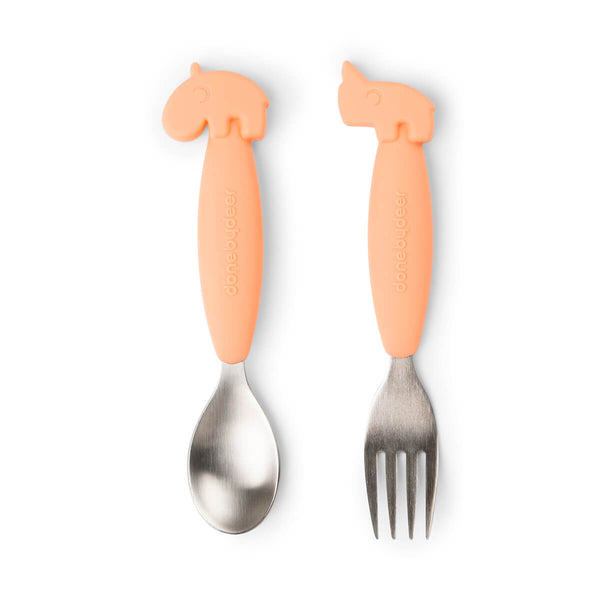 done by deer Easy-grip spoon and fork set - Deer friends - Coral