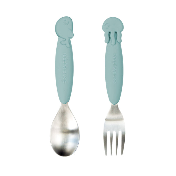 done by deer Easy-grip spoon & fork set - Sea friends - Blue