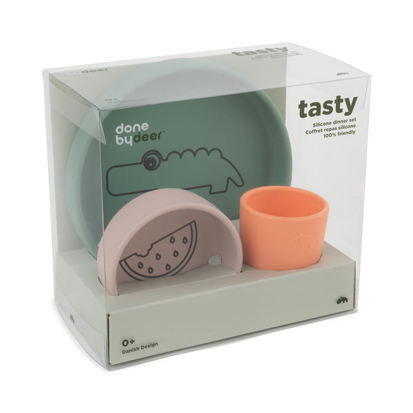 Done By Deer Silicone Dinner Set - Croco - Green/Powder/Coral