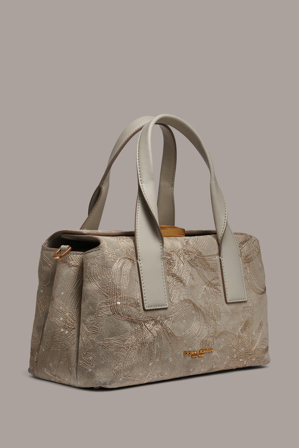 Donna Karan AMAGANSETT FLORAL EMBROIDERY SATCHEL BAG Zinc