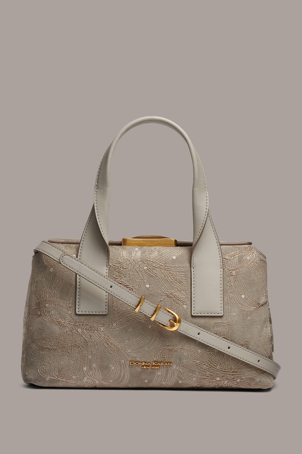 donna karan AMAGANSETT FLORAL EMBROIDERY SATCHEL BAG Zinc