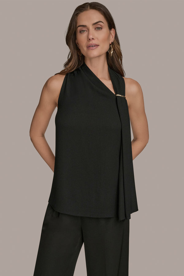 donna karan ASYMMETRIC DRAPED SHOULDER BLOUSE Black