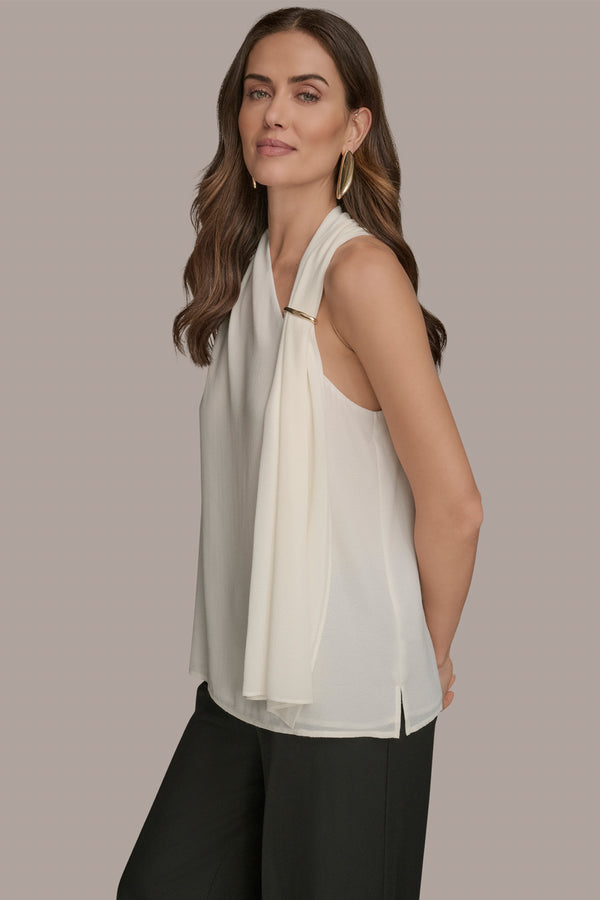 Donna Karan ASYMMETRIC DRAPED SHOULDER BLOUSE Cream