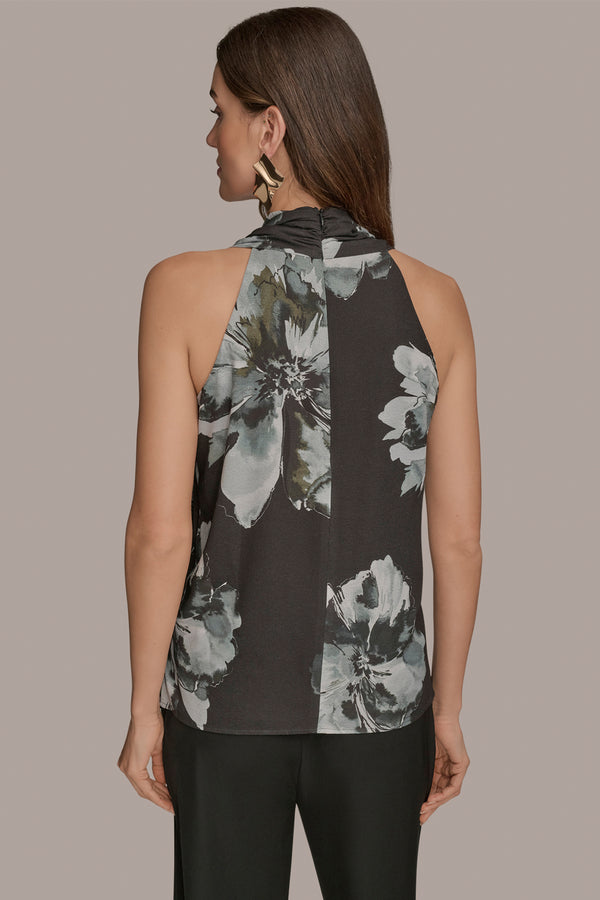 Donna Karan ASYMMETRIC DRAPED SHOULDER FLORAL BLOUSE Black