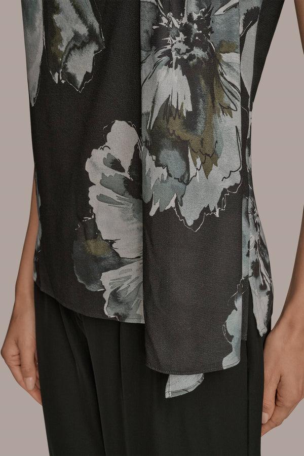 Donna Karan ASYMMETRIC DRAPED SHOULDER FLORAL BLOUSE Black