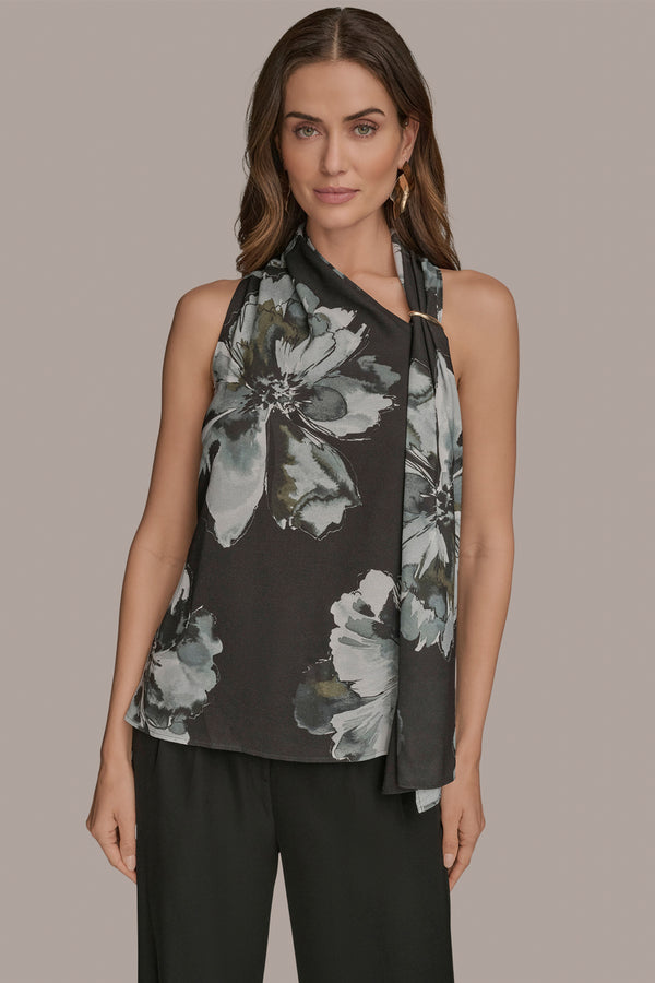 donna karan ASYMMETRIC DRAPED SHOULDER FLORAL BLOUSE Black