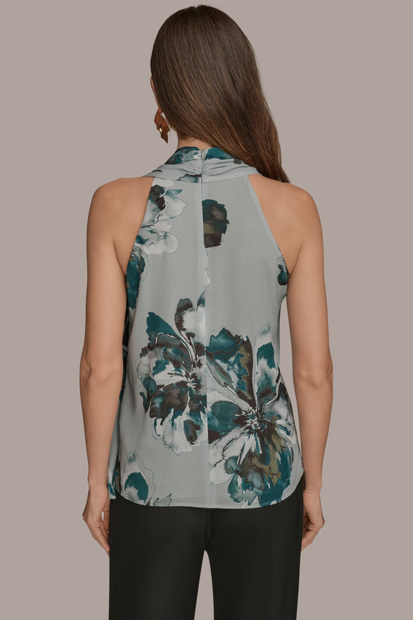 Donna Karan ASYMMETRIC DRAPED SHOULDER FLORAL BLOUSE Green