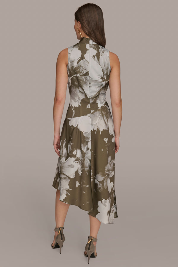 Donna Karan ASYMMETRIC FLORAL MIDI DRESS ANTIQUE GREEN