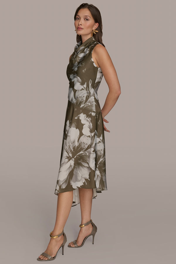 Donna Karan ASYMMETRIC FLORAL MIDI DRESS ANTIQUE GREEN