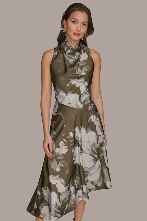 Donna Karan ASYMMETRIC FLORAL MIDI DRESS ANTIQUE GREEN