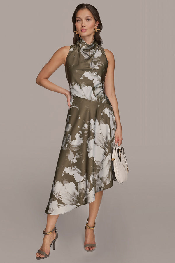 donna karan ASYMMETRIC FLORAL MIDI DRESS ANTIQUE GREEN