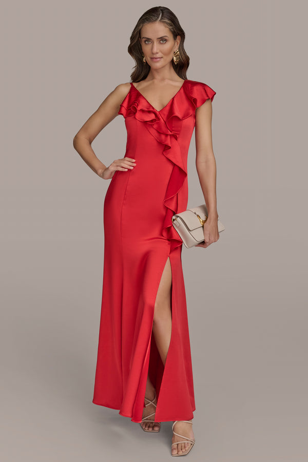 Donna Karan ASYMMETRIC RUFFLE SATIN GOWN SAHARA RED
