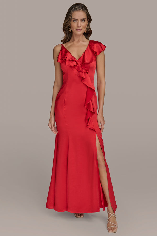 donna karan ASYMMETRIC RUFFLE SATIN GOWN SAHARA RED
