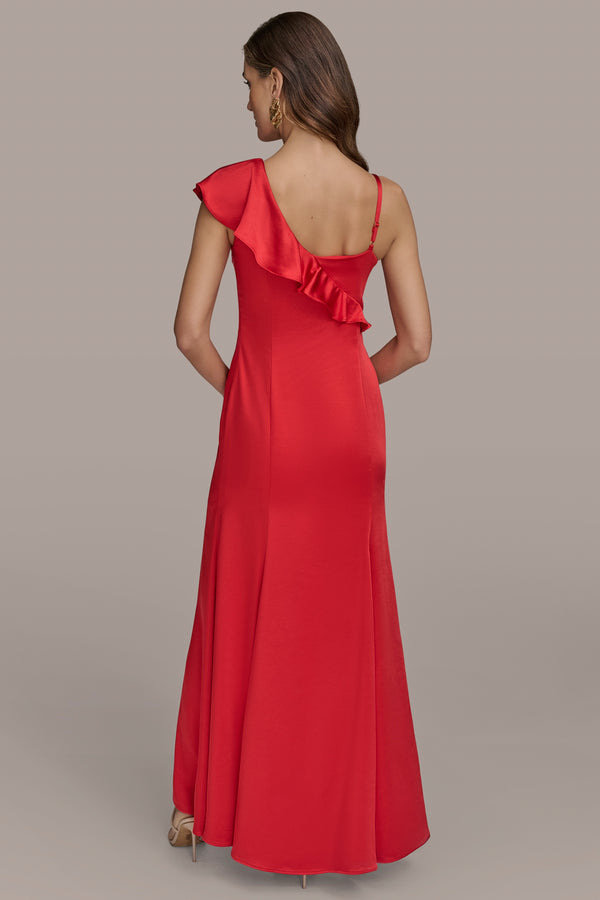 Donna Karan ASYMMETRIC RUFFLE SATIN GOWN SAHARA RED