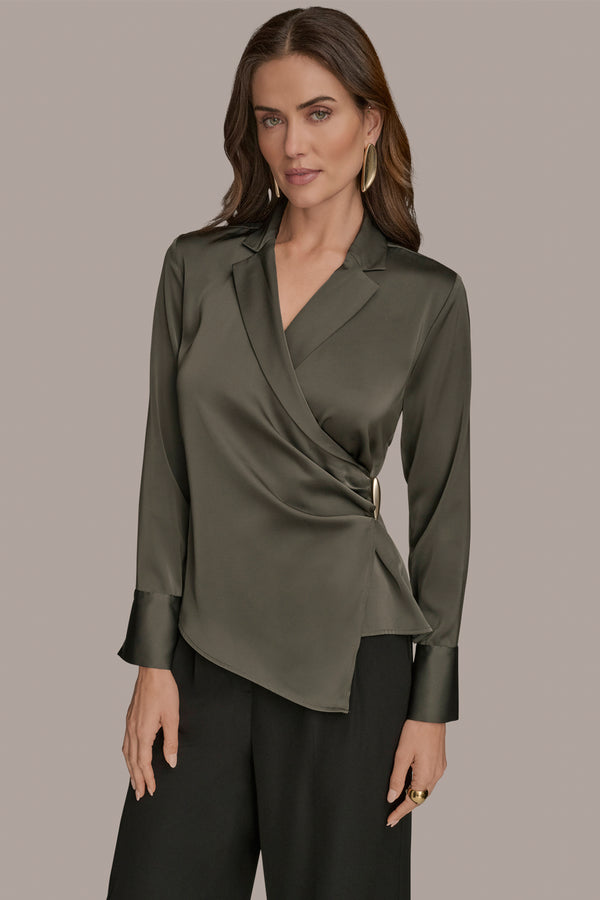 donna karan ASYMMETRIC WRAP-EFFECT BLOUSE DARK MINERAL