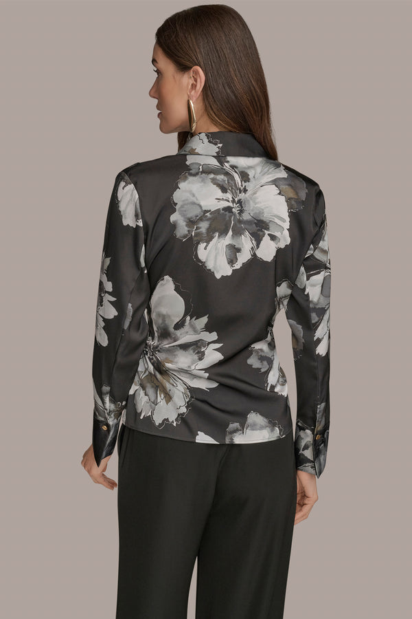 Donna Karan ASYMMETRIC WRAP-EFFECT FLORAL BLOUSE BLACK MULTI