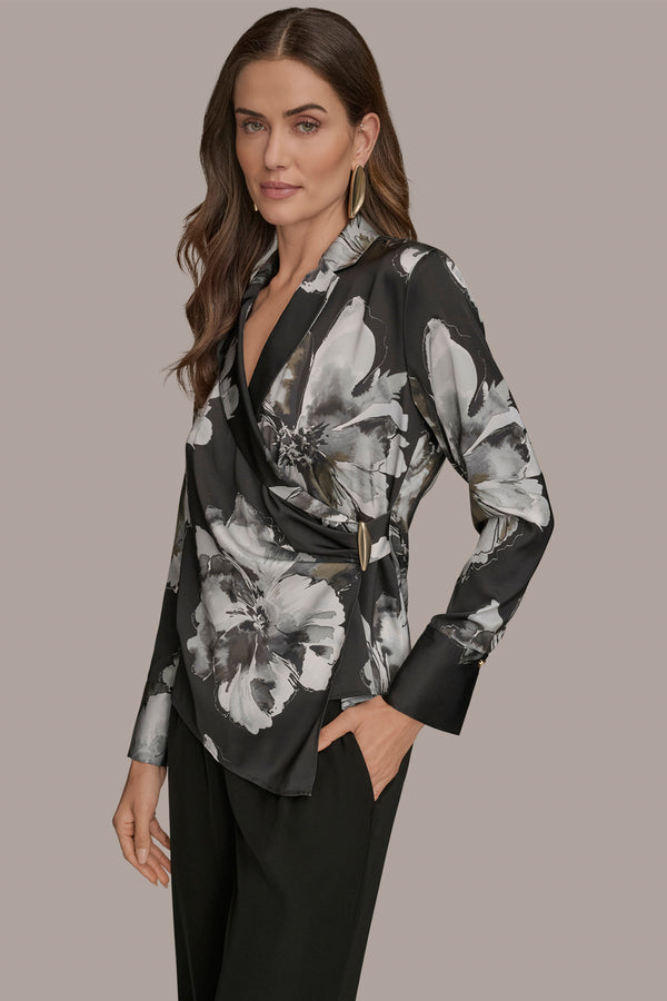 Donna Karan ASYMMETRIC WRAP-EFFECT FLORAL BLOUSE BLACK MULTI